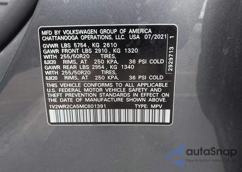 2021 Volkswagen Atlas 3.6L V6 Se W/Technology from USA, damaged, VIN 1V2WR2CA5MC601391